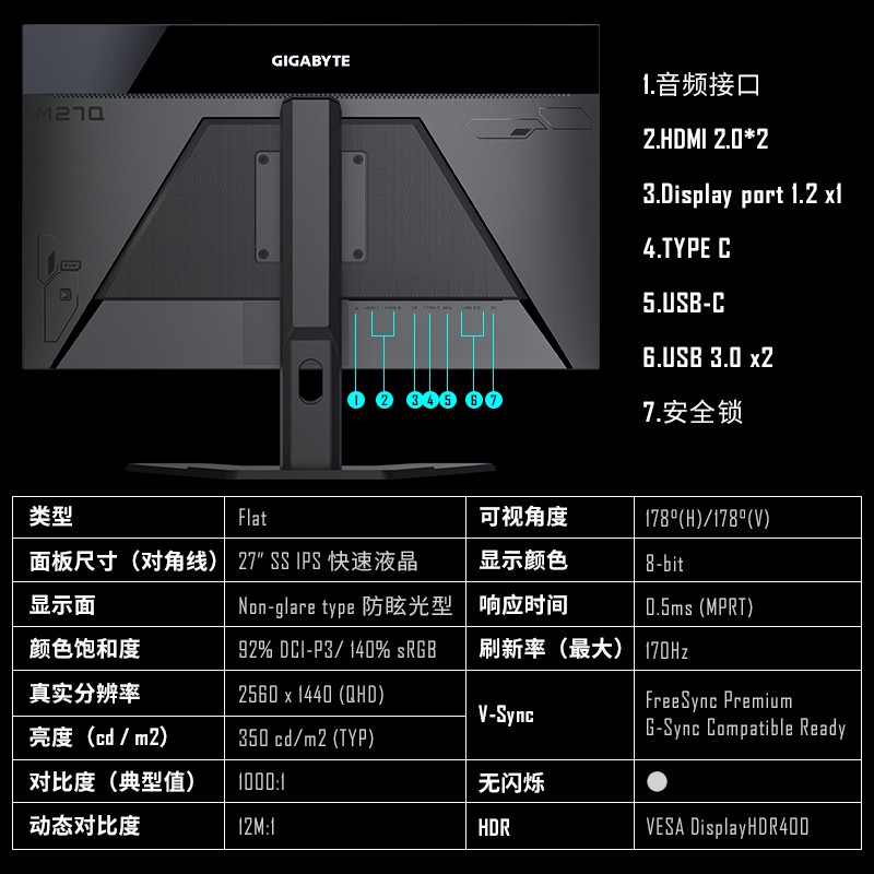 技嘉显示器 27英寸KVM电竞显示器0.5ms 170Hz SS IPS 2K夏普屏HDR400广色域 Type-C充电 压枪黑平衡 M27Q