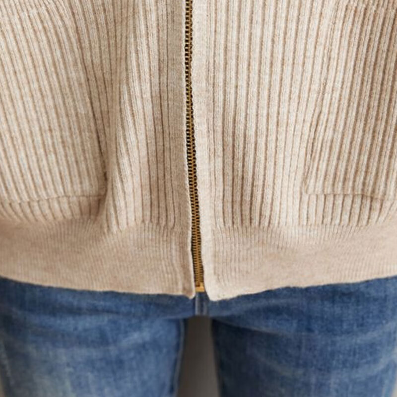 子牧棉麻2024秋冬装 女韩版连帽针织衫外套洋气拉链外搭开衫上衣5241 米杏色 均码(建议95-140斤)