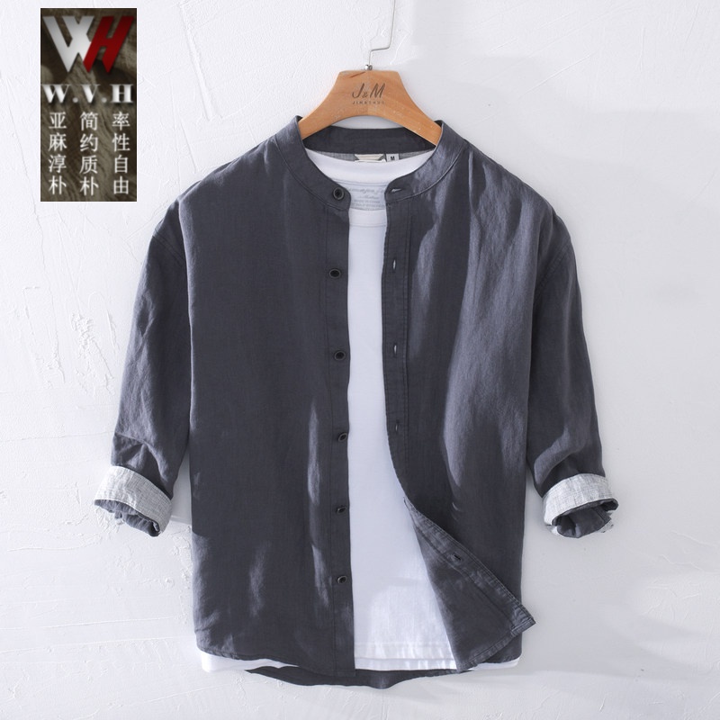 wvh品牌男装夏季清新立领七分袖亚麻衬衫男士日系休闲宽松棉麻衬衣潮
