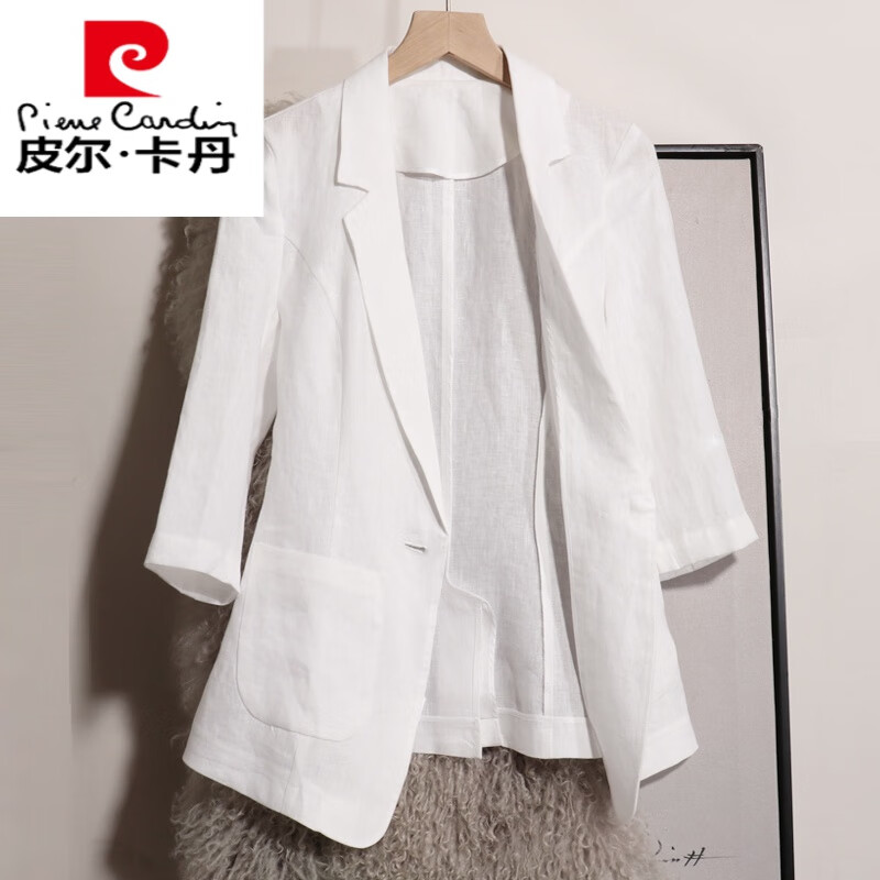 皮爾卡丹高等亞麻西裝外套女夏季薄款2024新款顯瘦棉麻小西服上衣麻料套裝 白色 XL