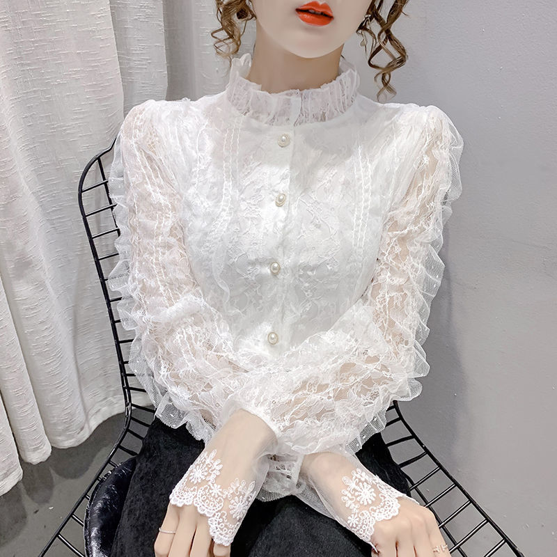 UKCF雷絲打底衫長袖女蕾絲打底衫外穿女2022春秋新款百搭洋氣蕾絲開衫法式立領長袖上衣 白色【前后內襯+ 不透】 XL 【建議115-135斤】