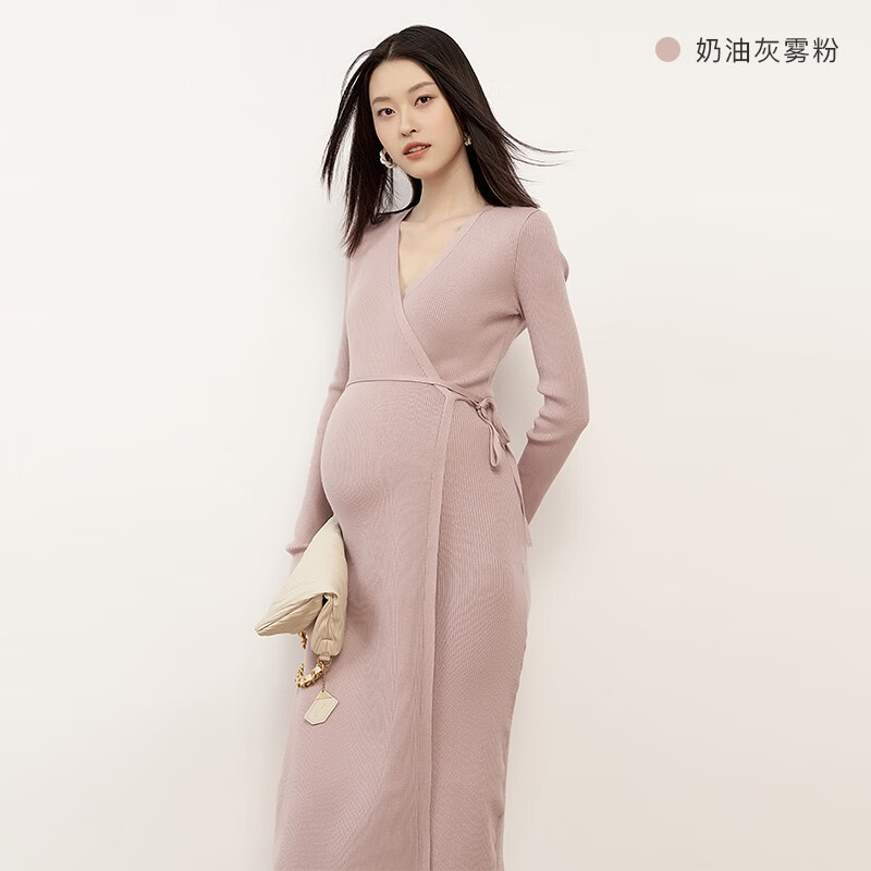 Sellynear孕妇装秋冬新款连衣裙加厚裹身针织裙亲肤高弹孕妈哺乳裙子 奶油灰雾粉 S