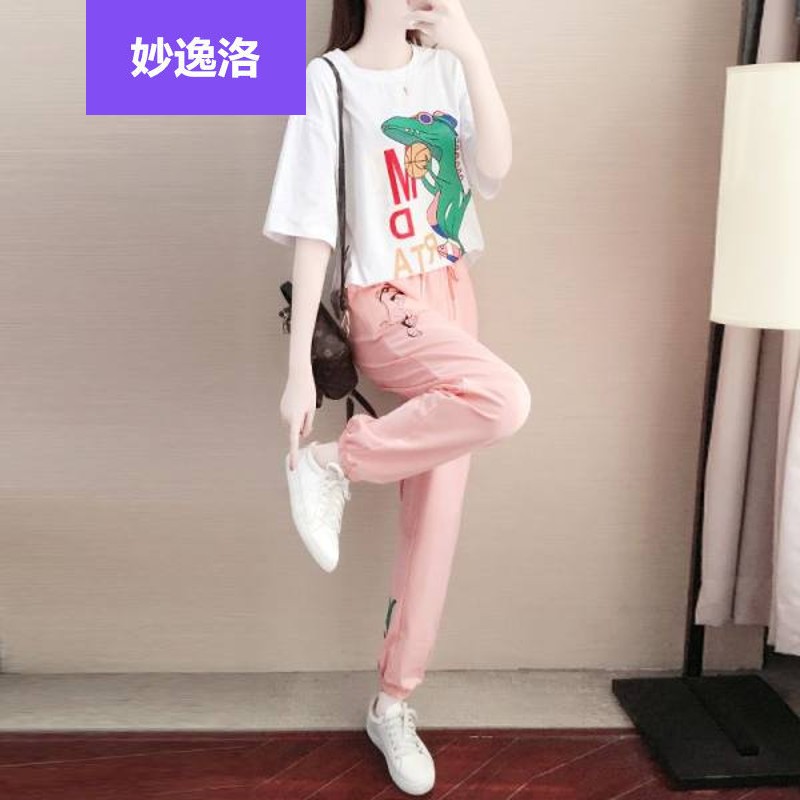妙逸洛运动套装女装时尚短袖少女薄款两件一套t恤女生小个子辣妹穿搭