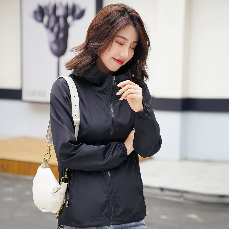 浪莎外套女春秋韓版百搭?yuàn)A克沖鋒.衣小香風(fēng)休閑寬松連帽長(zhǎng)袖風(fēng)衣開衫 黑色-有內(nèi)襯【大內(nèi)袋】+口袋拉鏈 M(建議90-100斤) 贈(zèng)+運(yùn)費(fèi)險(xiǎn)