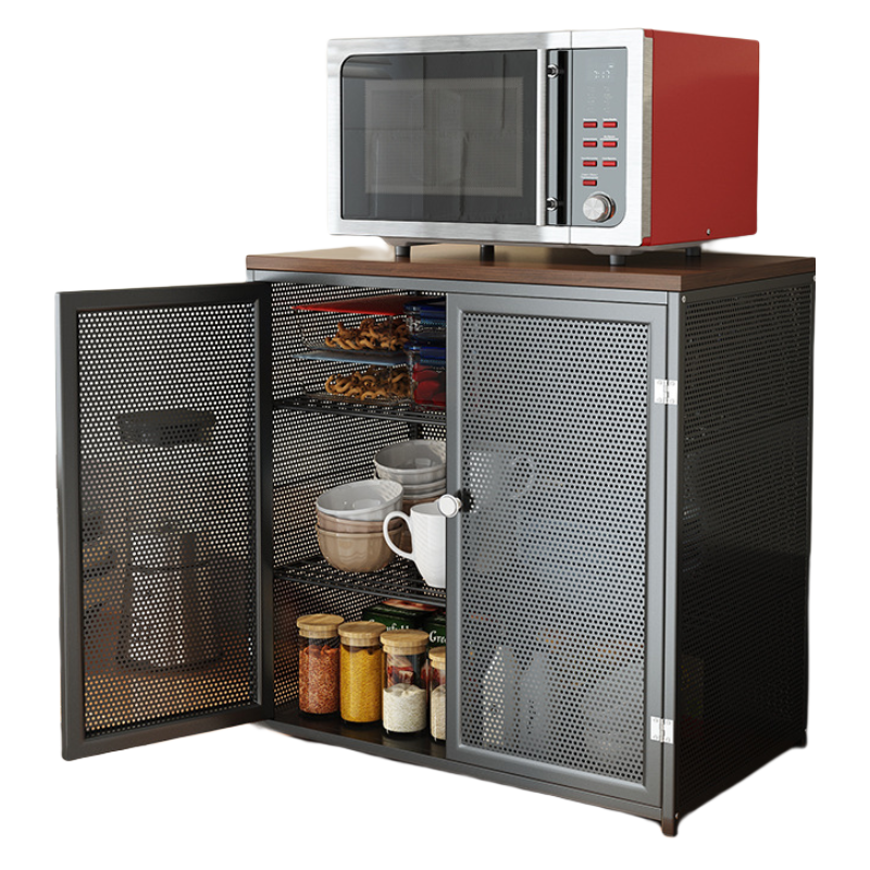 厨房台面多功能透气碗柜家用厨房碗碟剩菜多层收纳柜子家用储物置物架收纳盒 【中号】胡桃色板-双开门(内置双网片-可调节高度)