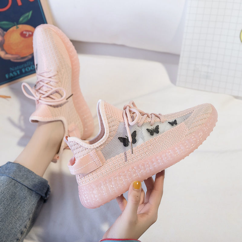 鞋女夏季 新款网面透气运动休闲鞋女果冻底飞织跑步鞋女潮 320粉色 35