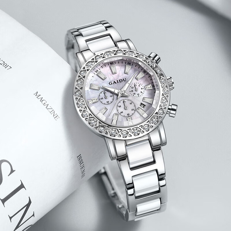凯度（GAIDU）轻奢小众手表正品名牌时尚机械风镶钻陶瓷大表盘女士石英表礼物 陶瓷白（送高档礼盒套装）