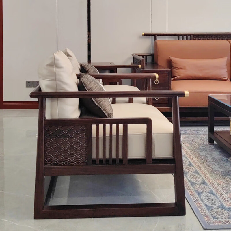 一米风新中式沙发实木 大小户型沙发组合 可拆洗布艺白蜡木沙发 (白蜡木)单人位