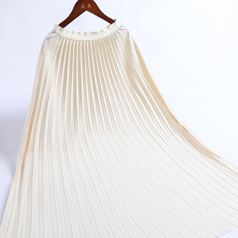 戚薇春夏中长百褶半身裙年轻优雅百搭通勤松紧腰米色半裙   米色 均码