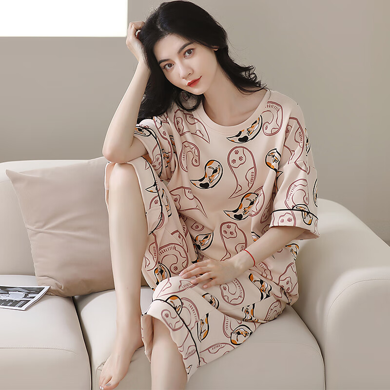 蓝琪爱大码睡衣200斤胖mm加肥加大睡衣女夏棉短袖七分裤胖mm加肥加大