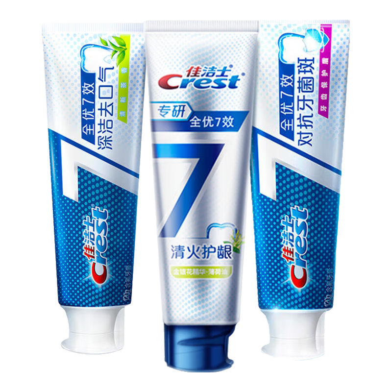 佳洁士（CREST）全优7效含氟牙膏7效合1防蛀固齿长效清新口气家庭家用囤货 去牙菌斑+护龈清火+茶香120g*3
