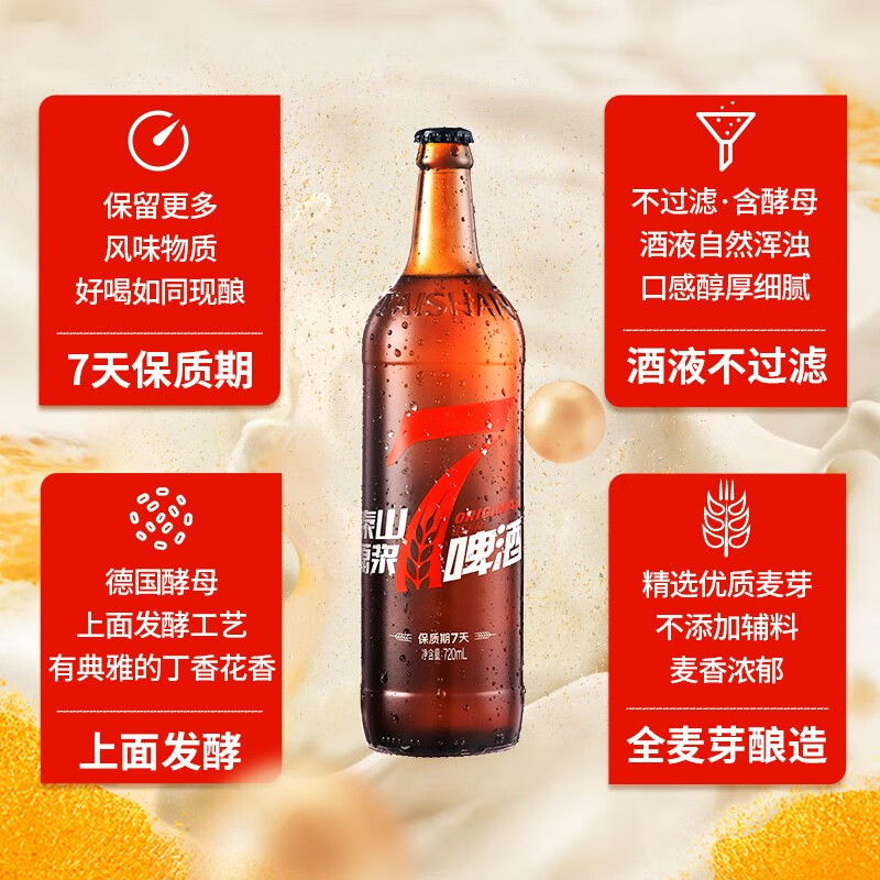 泰山原浆啤酒泰山原浆7天新鲜10°p全麦芽酿造精酿啤酒整 720mL 6瓶 整箱装