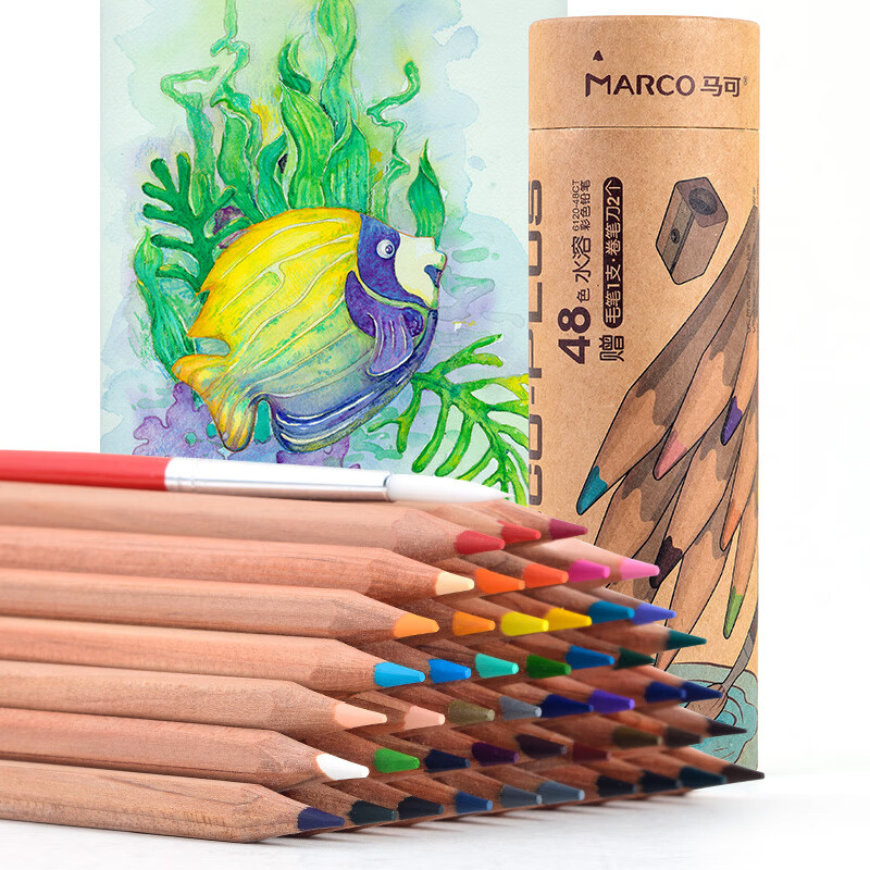 马可（MARCO）原木系列48色水溶性彩色铅笔 手绘填色初学绘画练习彩铅安心无漆筒装6120-48CT
