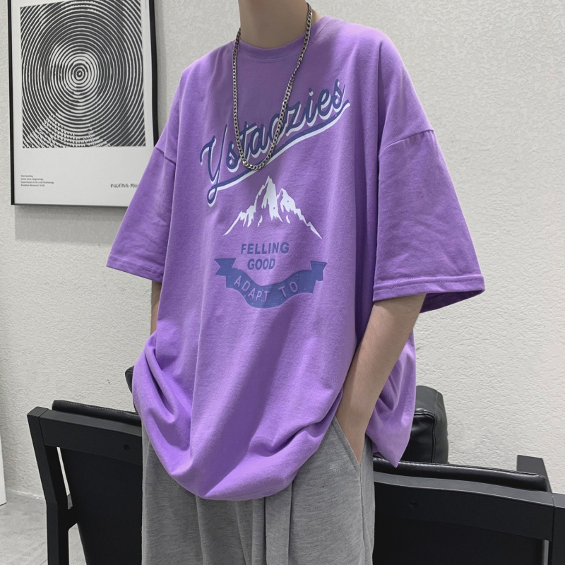 oemg 紫色纯棉短袖t恤男夏季潮牌ins潮流百搭学生宽松五分半袖上衣服