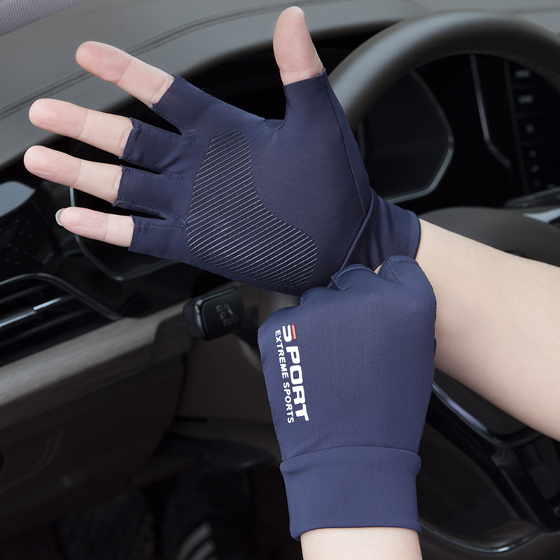 万宏达夏季薄款冰丝手套男半指开车防晒女防滑骑行送外卖运动防晒手套 SP二指款-灰色 均码