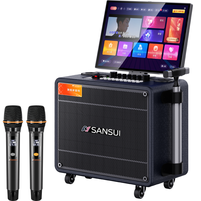 SANSUI 山水 带显示屏卡拉ok一体机户外k歌直播蓝牙音箱视频机 17吋4K屏+8寸低音+支架+双麦136G