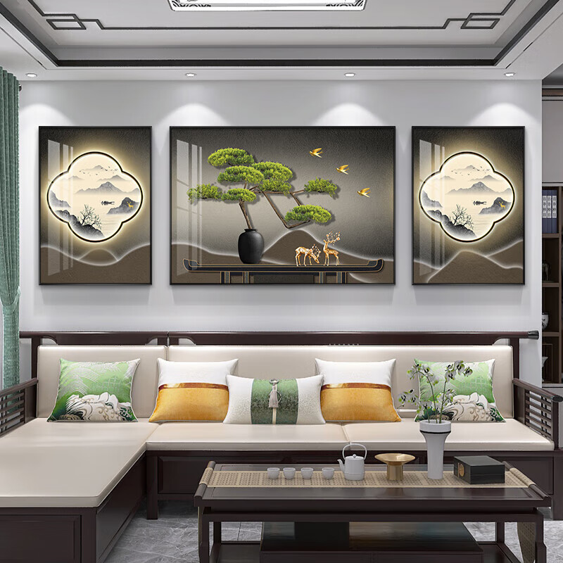 侘寂风新中式客厅装饰画迎客松沙发背景墙壁画高端大气挂画 福禄寿全