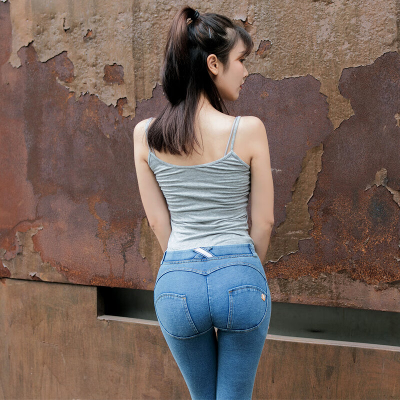 fickan蜜桃臀牛仔裤紧身性感无拉链女松紧低腰美臀翘臀裤裤小个子九分