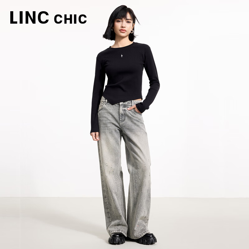 金羽杰2025年春季新品修身圆领长袖T恤女短款轻薄款内搭上衣S251FK019Y 黑色 S 适合95斤以下