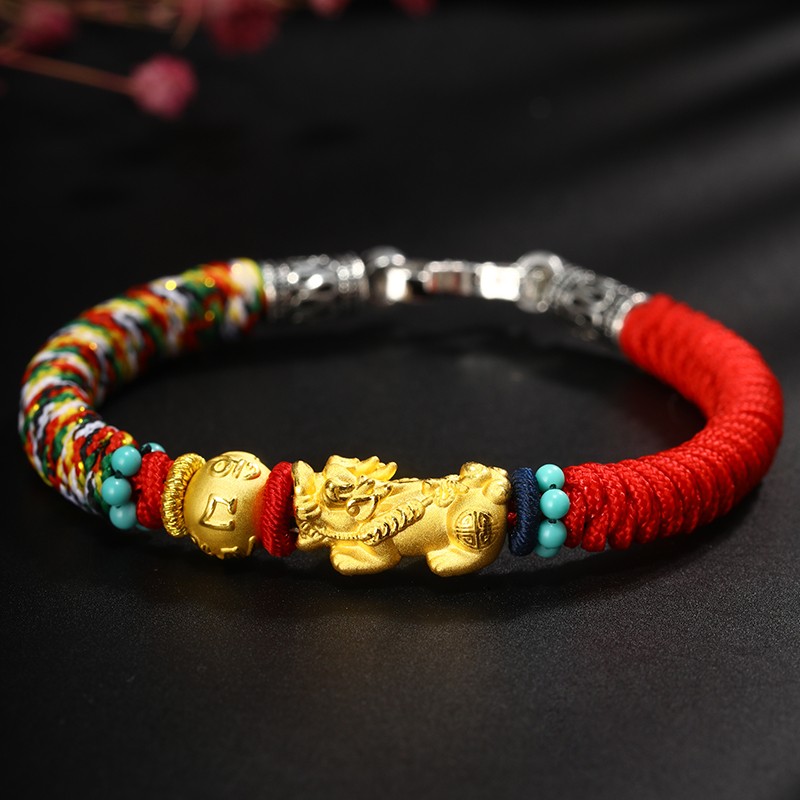 小瑞绳饰手作本命年黄金转运珠貔貅六字真言手链男手工编织红绳五彩绳