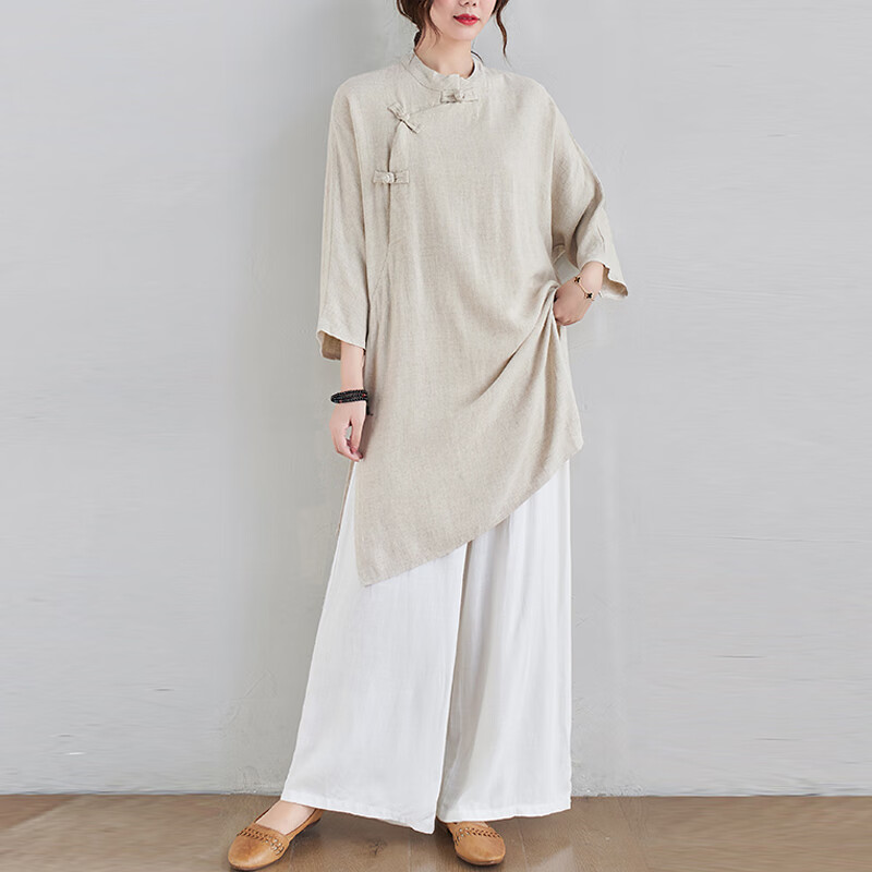 町鸾(tingluan)复古禅服佛系女棉麻春夏居士服禅修服衣服茶服 麻色