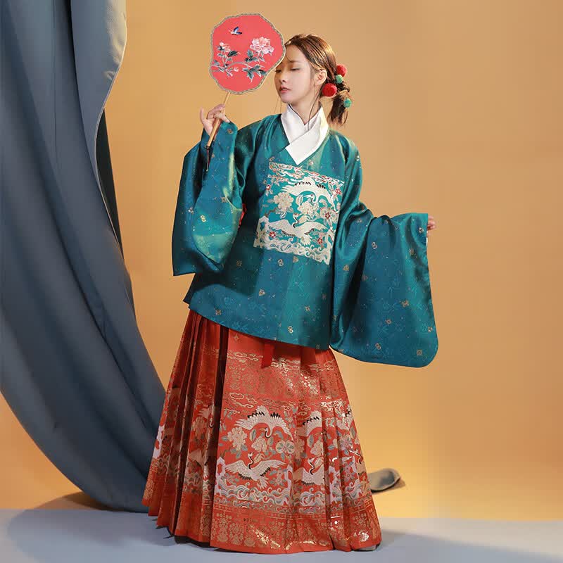 重回汉唐小亭风原创明制汉服成人女秋冬季直领大襟袄马面裙日常中国风 孔雀蓝直领大襟袄/现货 155