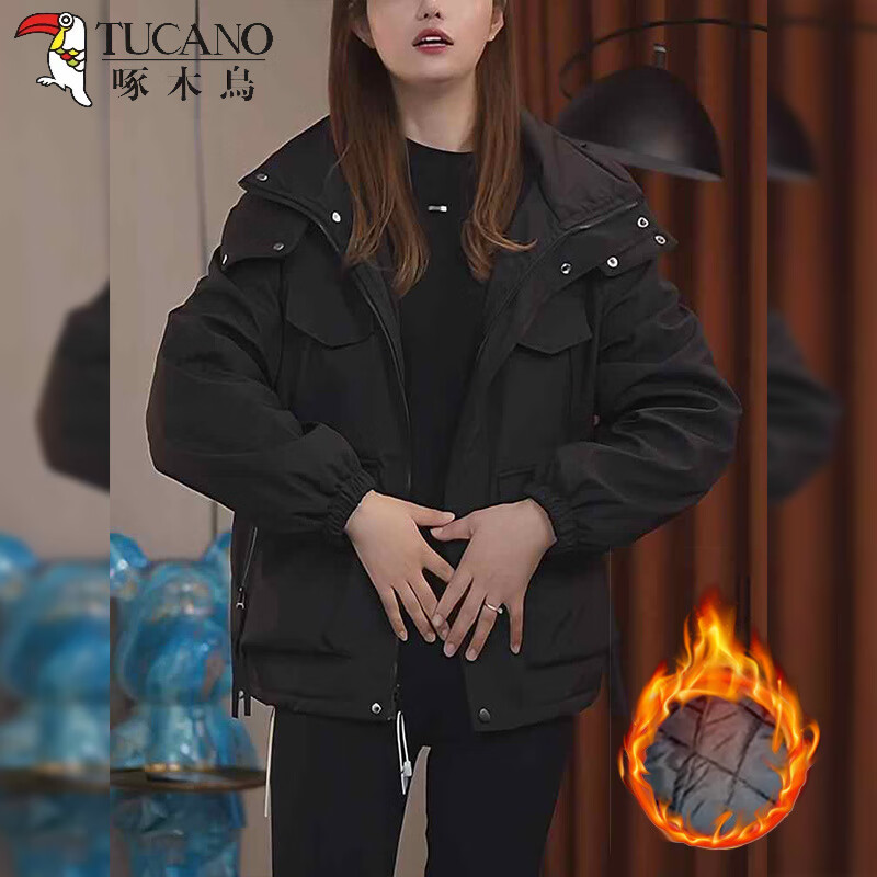 啄木鸟韩版纯色加绒连帽冲锋衣女装冬季新款宽松工装棉服短款加厚外套潮 黑色薄 轻薄 3XL ( 140斤-160斤)