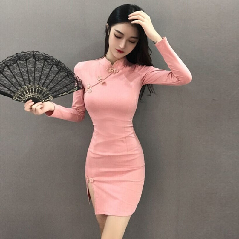 吉兴久复古修身秋季夜 优雅复古性感民国风性感长袖改良修身旗袍开叉