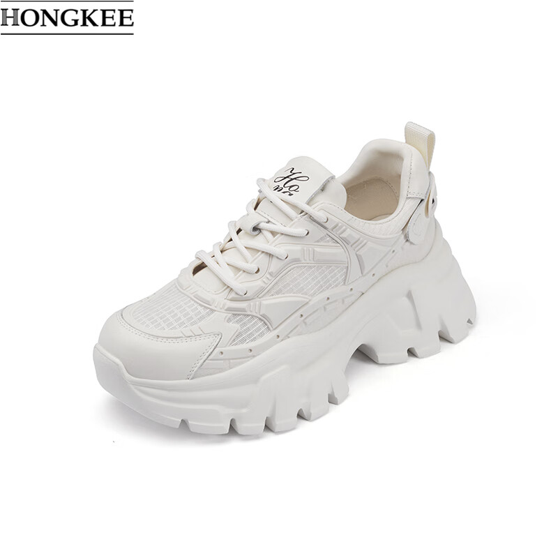 红科(hongkee)2023年夏季新款牛皮圆头系带休闲运动厚底老爹鞋女 h053