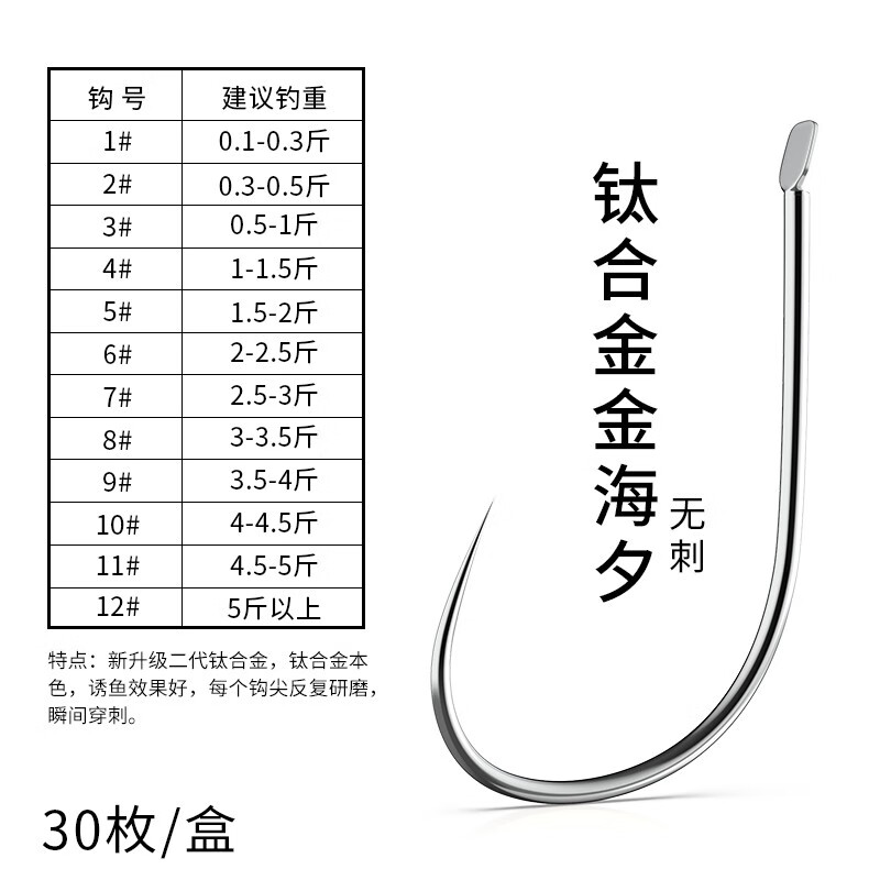 结盟者钛合金海夕鱼钩散装细条无倒刺钓鱼钩黑坑渔勾金海夕 (本色钛