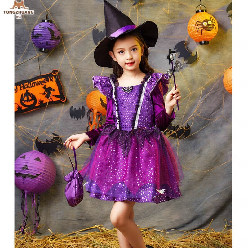 栀洁     万圣节儿童服装女童长袖小女巫裙巫婆白雪公主裙女孩精 星星