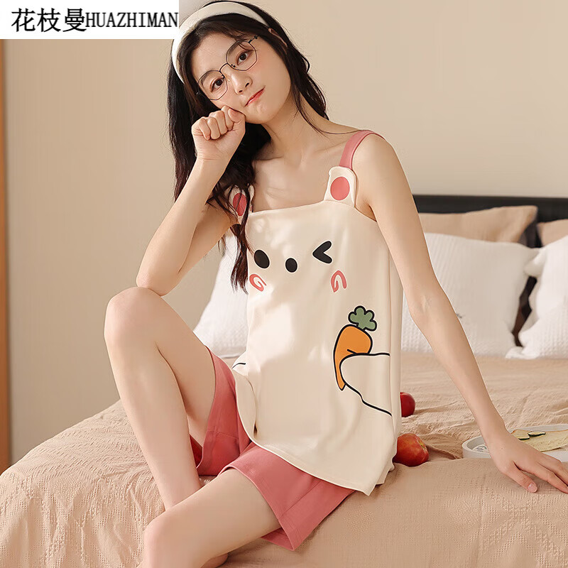 花枝曼睡衣女夏季新品棉圆领背心卡通套头家居服睡裙女可爱少女 d