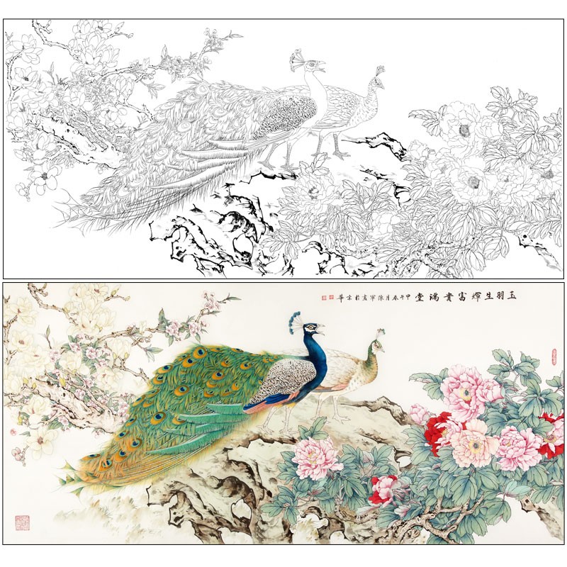 陈军桔舍工笔画白描底稿孔雀牡丹原作大小66*142厘米花鸟线稿带a3步骤