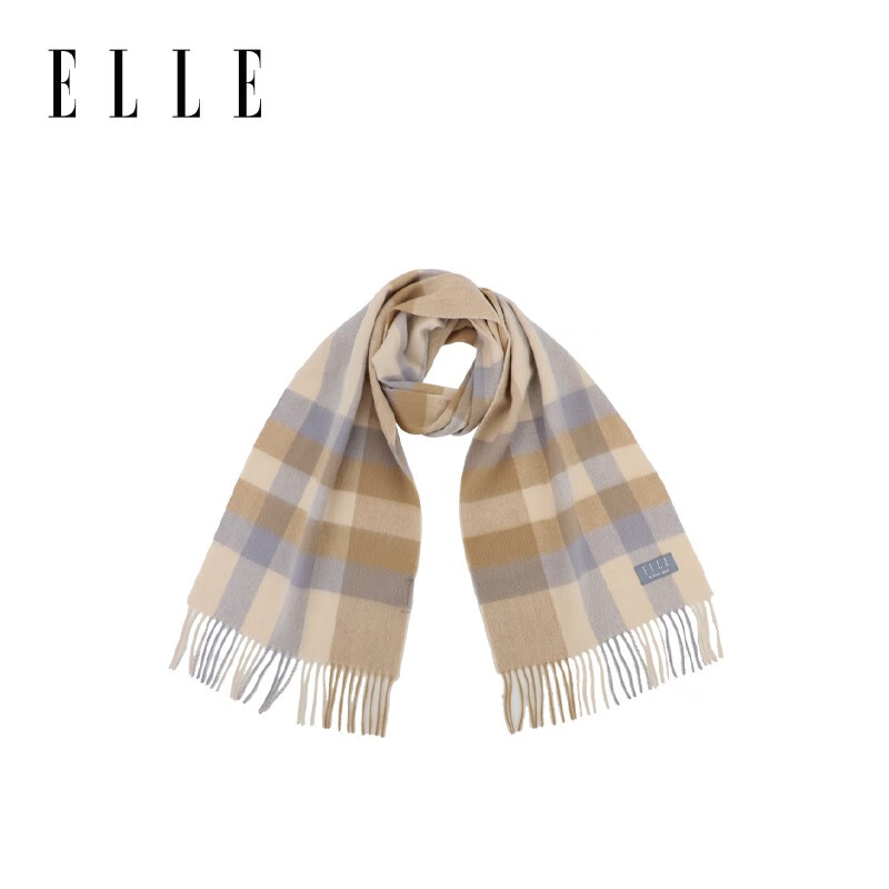 ELLE100%羊毛围巾女士秋冬季保暖时尚百搭格子围脖 驼格