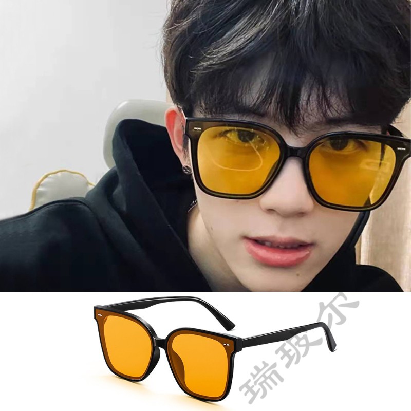 男款潮流高级感网红ins嘻哈方形夜视镜大脸显瘦太阳眼镜 黑框透明黄