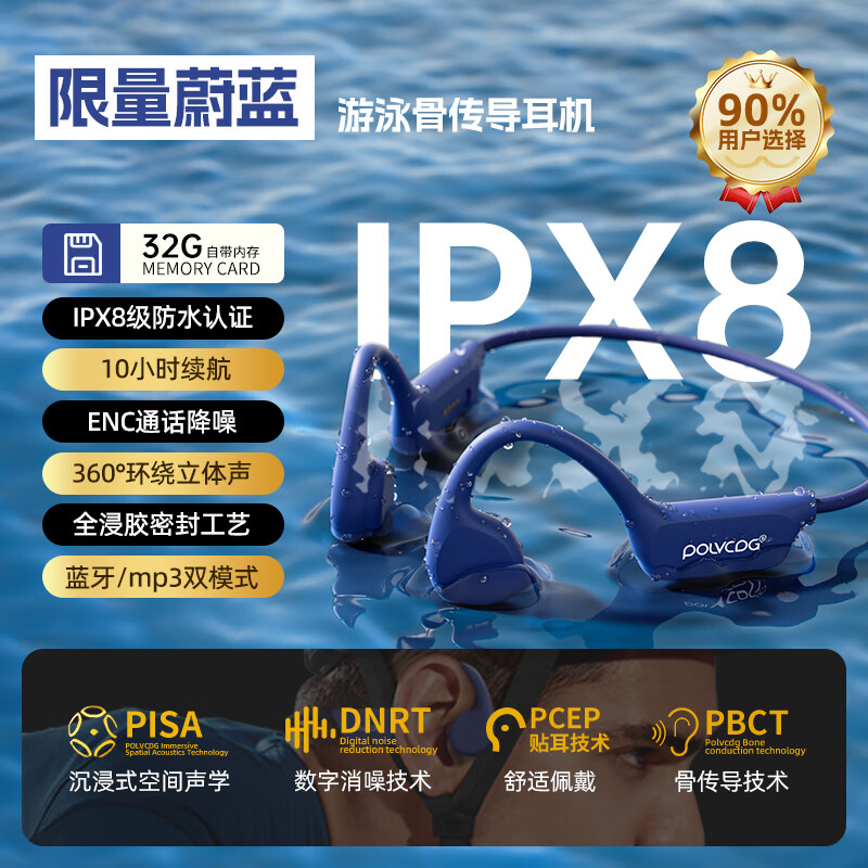 HKMW蓝牙骨传导耳机运动跑步专用无线不入耳挂耳式防水带内存 游泳版·蔚蓝【32g大内存】
