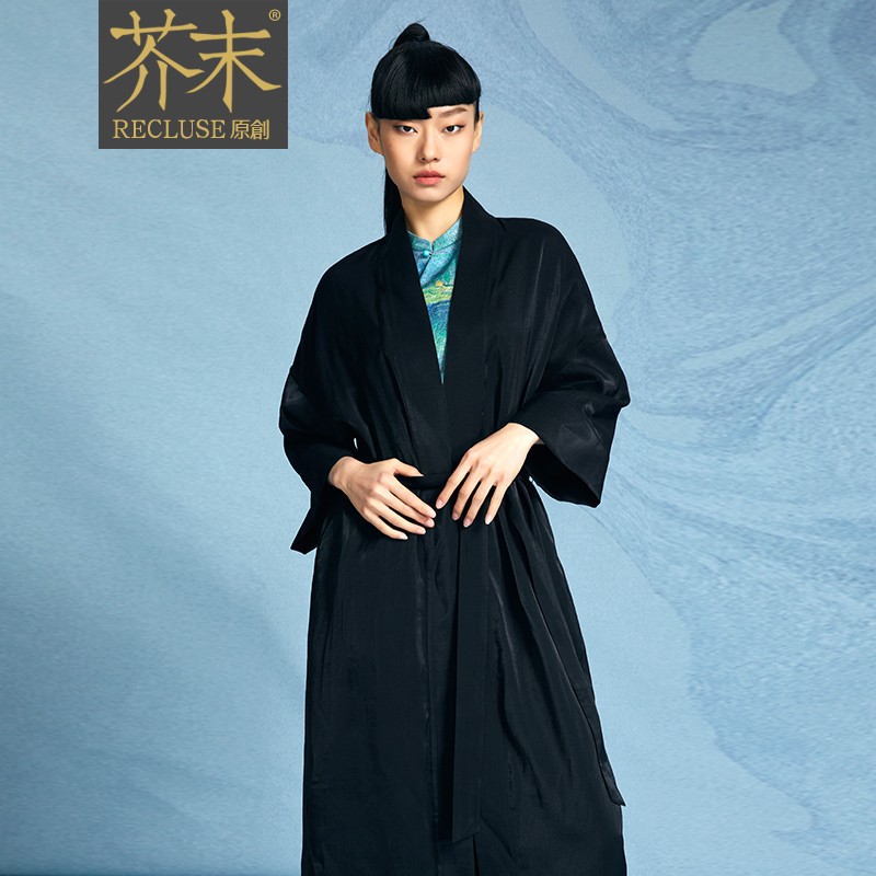 recluse执天 春款黑色交领设计腰部系带中长款改良禅意汉服外套 黑色