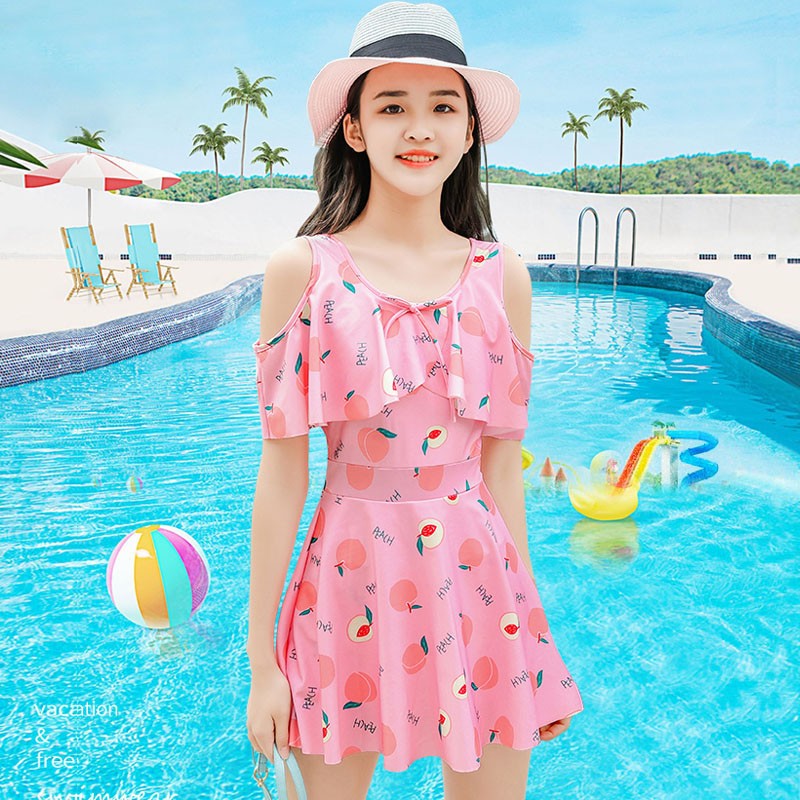 宜肤 儿童泳衣女童中大童连体裙式女孩学生少女短袖平角游泳装 可爱