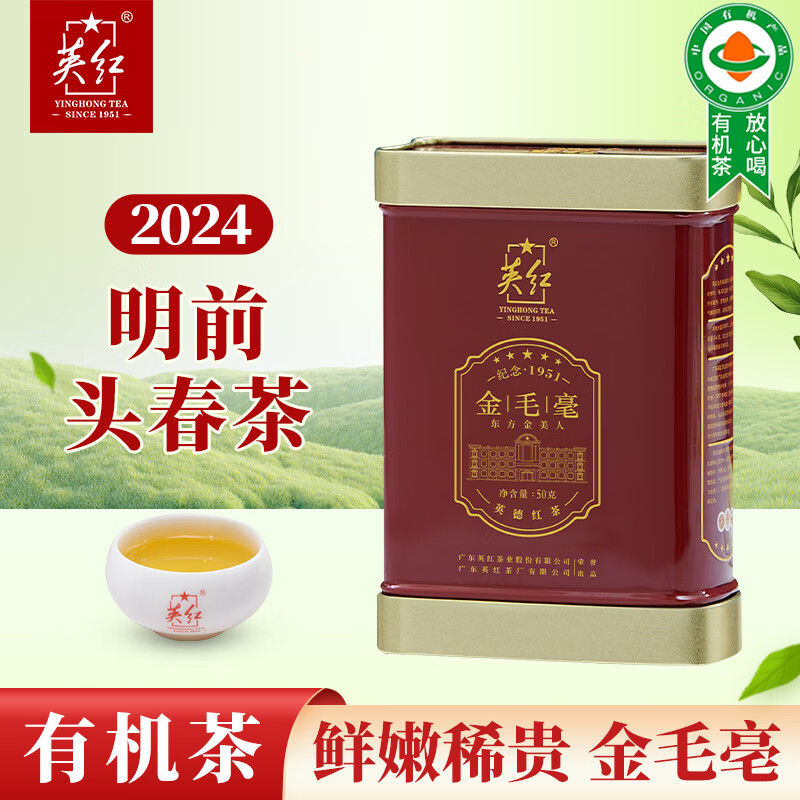 YINGHONG TEA 英红 牌金毛毫2023明前春茶有机茶叶特级 英红九号 英德红茶50g高香型