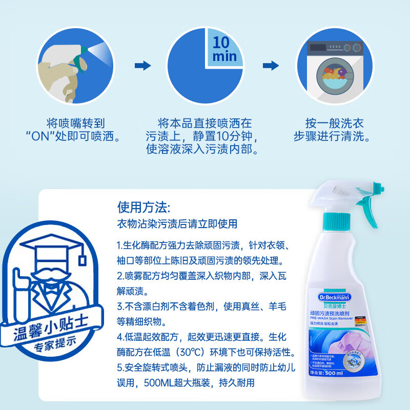 贝克曼博士 Dr Beckmann 衣领净强力洗白清洗剂顽固污渍预洗喷雾德国进口 顽固污渍预洗喷剂500ml*2