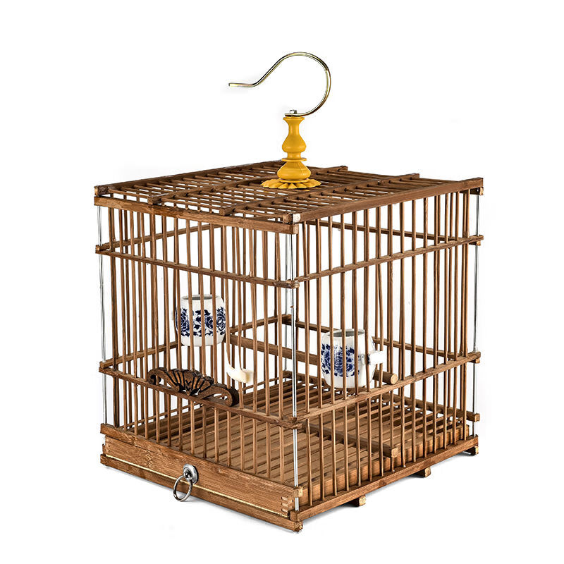 靛颏竹子方笼鸟笼玉鸟相思鸟带配件 紫竹笼带配件 长笼(尺寸30*20*24)