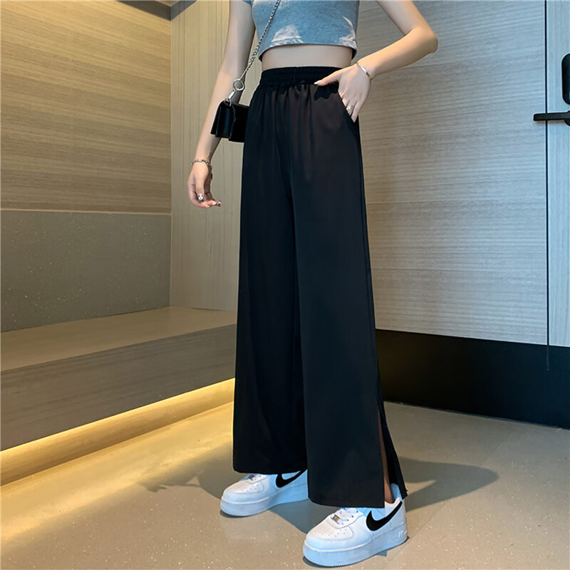 200斤胖mm加肥加大阔腿裤女生休闲裤240斤加肥加开叉 黑色【开叉 l