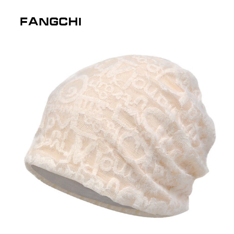 Fangchi 蕾絲套頭帽女薄封頂套頭帽保暖包頭帽韓版堆堆帽包頭孕婦月子帽 MXM-442米色 均碼