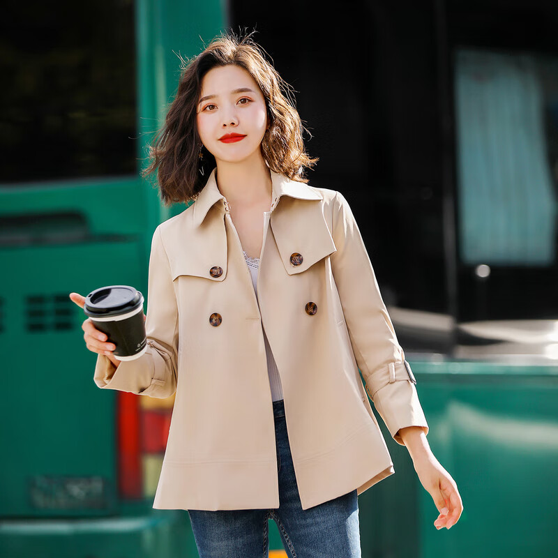 风衣女短款春秋季新款韩版双排扣小个子洋气百搭时尚卡其色上衣 卡其