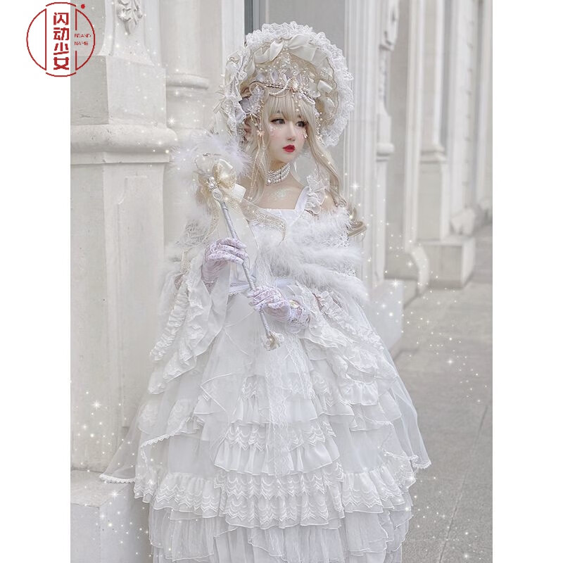 闪动少女（SHANDONGSHAONV）花嫁lolita天使祈祷洛丽塔洋装茶会Lolita吊带裙JSK裙子 白色裙子 L