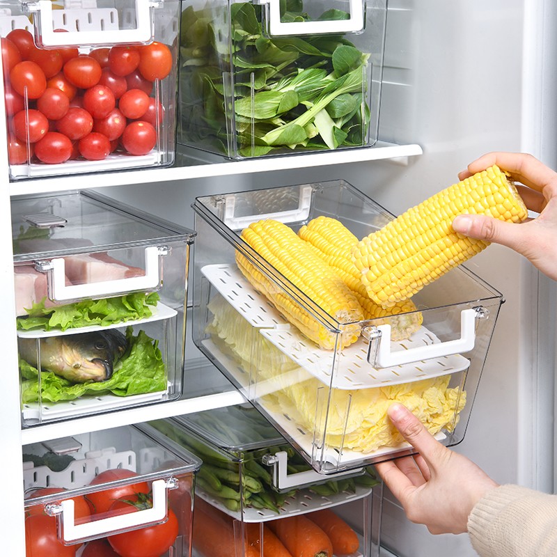 SP SAUCE双层冰箱果蔬保鲜盒透明塑料冰箱保鲜盒食物收纳盒蔬菜水果冷藏储物双层沥水盒 一个装