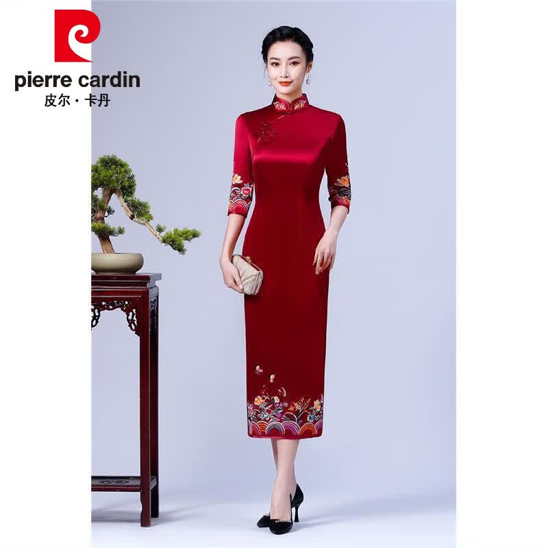 皮尔卡丹（pierre cardin）婚宴妈妈旗袍中国风高端刺绣酒红色改良长款气质洋气喜婆婆礼服 酒红色 L怎么样,好用不?