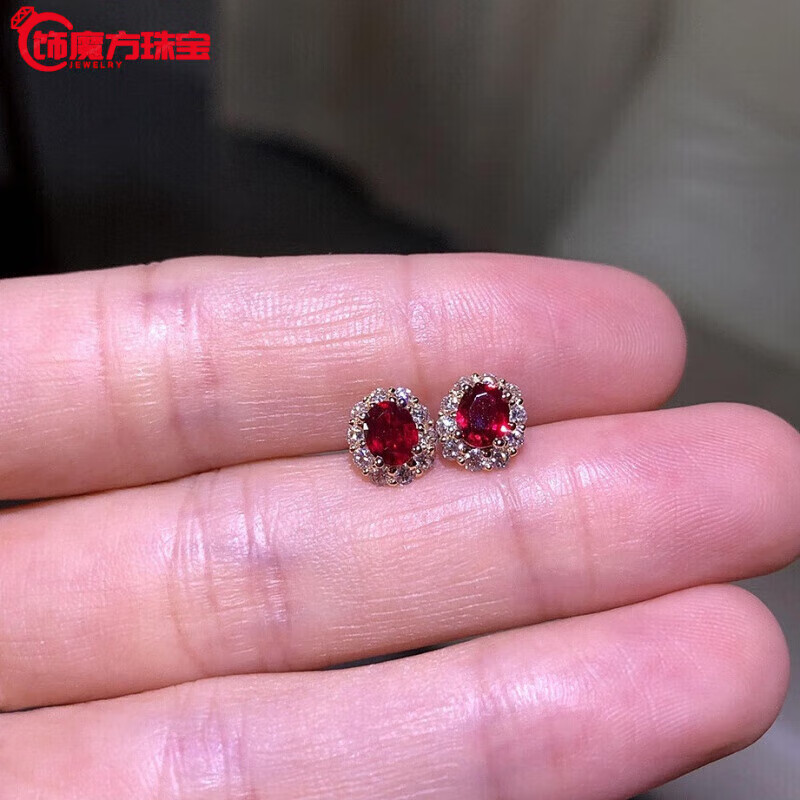 观菩阁18k金彩金耳饰鸽血红宝石耳钉女椭圆形耳环 18K鸽血红宝石耳钉【椭圆形】