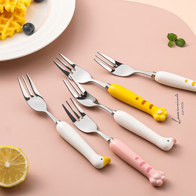 家用儿童安全可爱304不锈钢甜品小叉子套装水果签 鸭鸭水果叉(粉色)