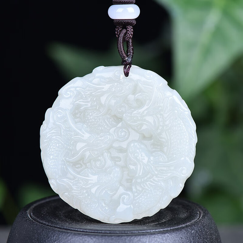 赵禄新疆和田玉白玉九龙吊坠男士双面雕刻玉牌挂件项链玉佩生日礼物